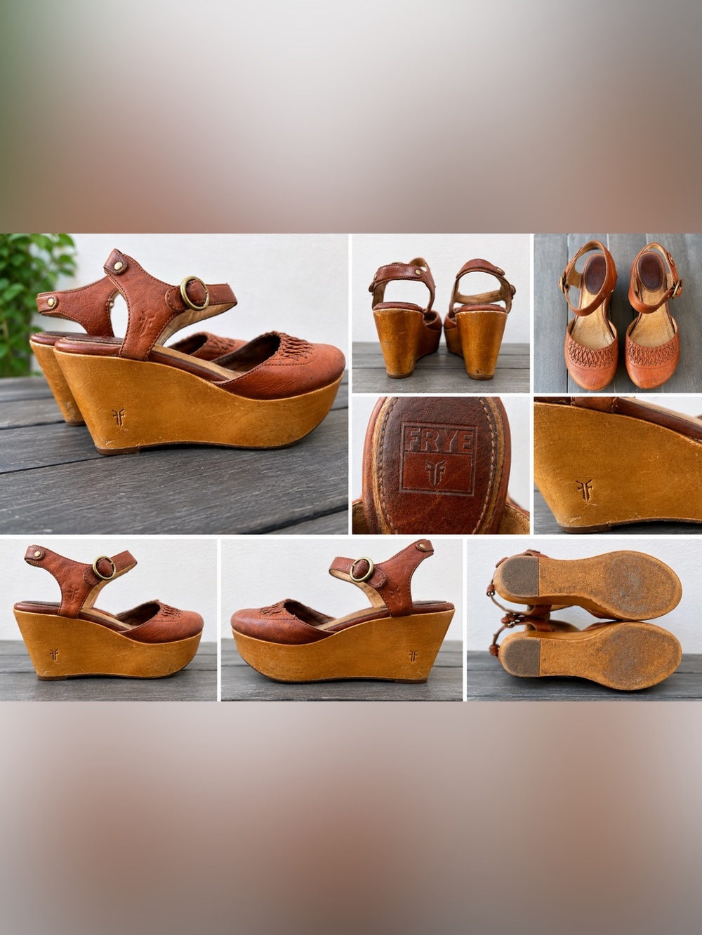 Frye Cognac Brown Leather Platform Wedge Sandals